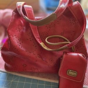 Nine West Red Perforated Tote with Matching Pouch
